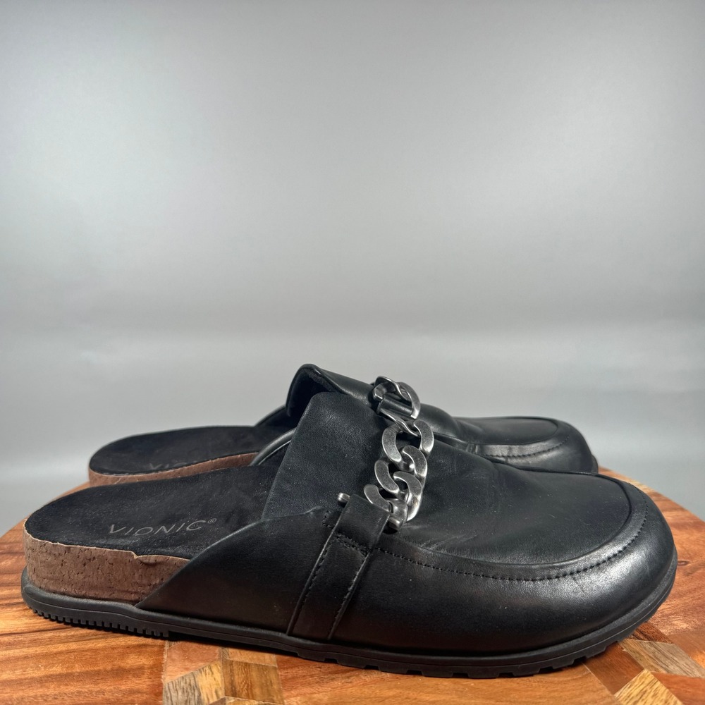Vionic Georgie Black Leather Chain Link Mule Clog Orthotic Shoes Womens 8.5